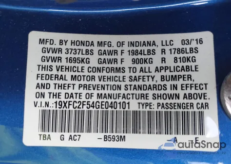 2016 Honda Civic Lx из США, поврежденный, VIN 19XFC2F54GE040101